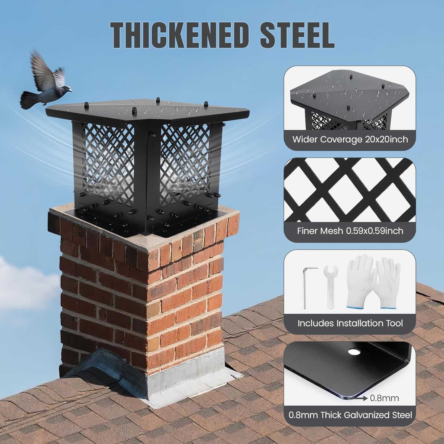 INNO STAGE Chimney Cap, 10"x10" Chimney Cover, Chimney Rain Caps, Fireplace Chimney Caps for Outside with Adjustable Metal Screws & Gloves