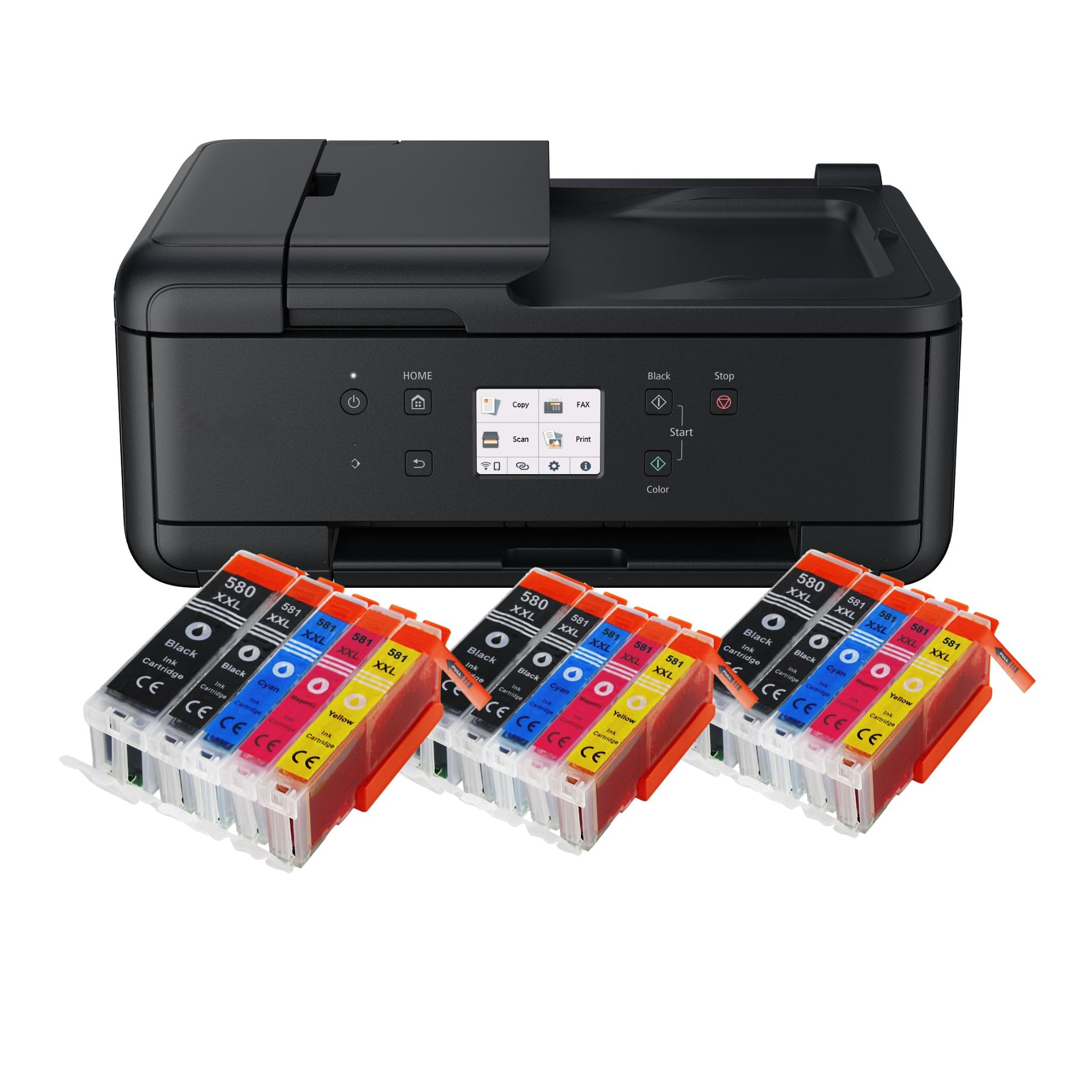 IC-Office TR7650 Farbtintenstrahl Multifunktionsdrucker 4-in-1 (Drucken, Kopieren, Scannen, Faxen, ADF, WLAN, AirPrint) schwarz + 15 XXL Tintenpatronen