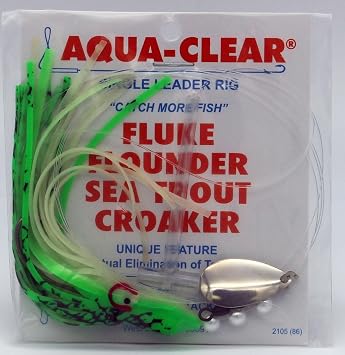 Aqua-Clear Squid Teaser Rig Fishing Lure, Saltwater Fishing Rig with 3/0 Extra Long Hook, Fluke Flounder Trout Croaker Rig, Mono Leader AFW Swivel Spinner, Multi Color Variations