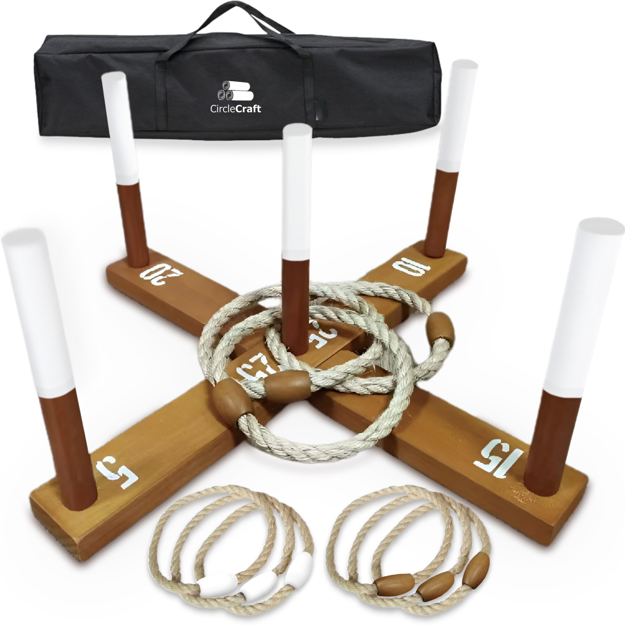 CircleCraft Rustic Ring Toss Game for Kids & Adults – Outdoor Yard Games with Rope Rings, Portable Wooden Lawn Game for Family Fun, Backyard, Beach,
