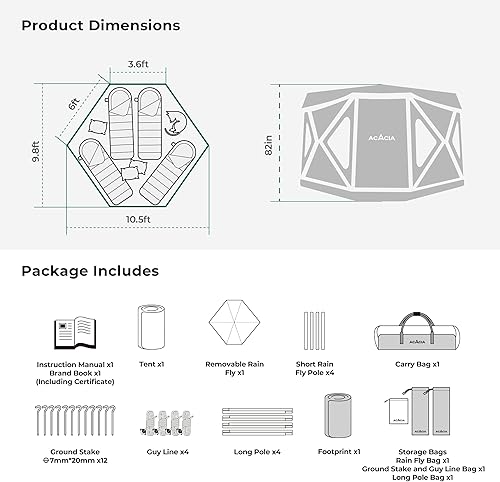 Miniatura 3 de ACACIA Tienda de campaña espacial XL, tienda de campaña familiar grande para 4-6 personas con altura de 6 pies 10 pulgadas, 2 puertas, 8 ventanas,