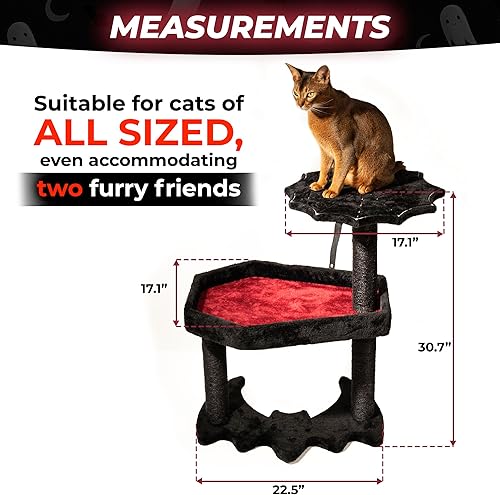Miniatura 2 de Árbol gótico para gatos con cama de ataúd y juguetes espeluznantes para gatos, árbol espeluznante para gatos de Halloween (grande) negro y rojo