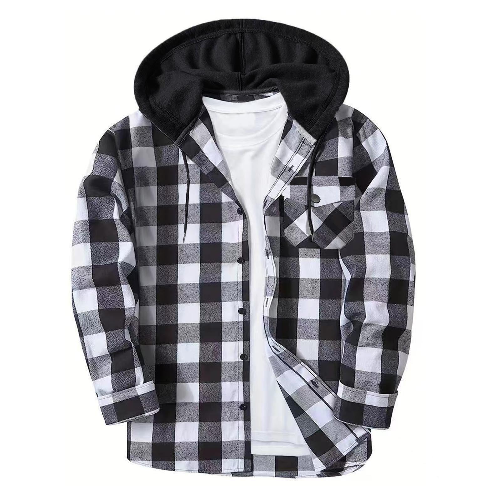 Shirts for Men Long Sleeve Fashion Casual Button Down Plaid Shirt Drawstring Hooded Jackets Lightweight Shacket 2026 — view 23