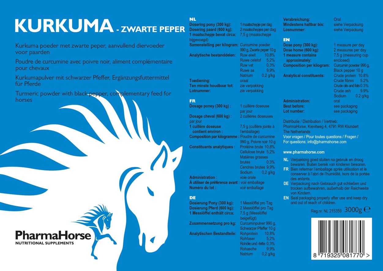 PharmaHorse Curcuma - Poivre Noir | Anti-inflammatoire Cheval | Aide le Foie & la Digestion | Sans sucres ajoutés ou éléments dopants | 3000 grammes