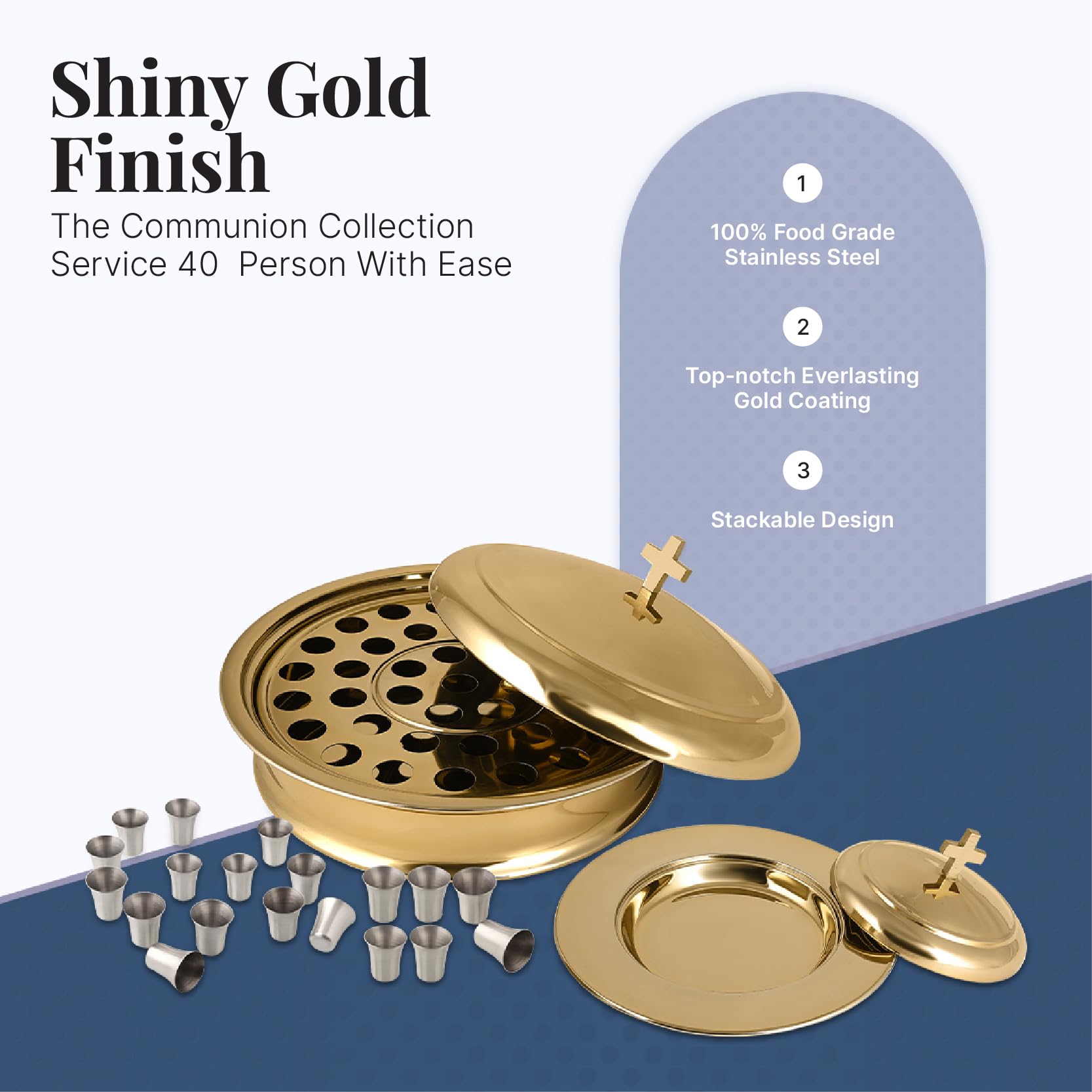 Communion Ware Vassoio da portata per vino sacro con coperchio e piatto per pane impilabile con coperchio + 40 tazze, in acciaio inox (ottone/oro lucido)