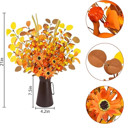 Miniatura 5 de Agusbagli Flores artificiales de otoño con maceta de metal, arreglo de calabaza de otoño de 22.5 pulgadas con hojas de eucalipto, plantas de otoño
