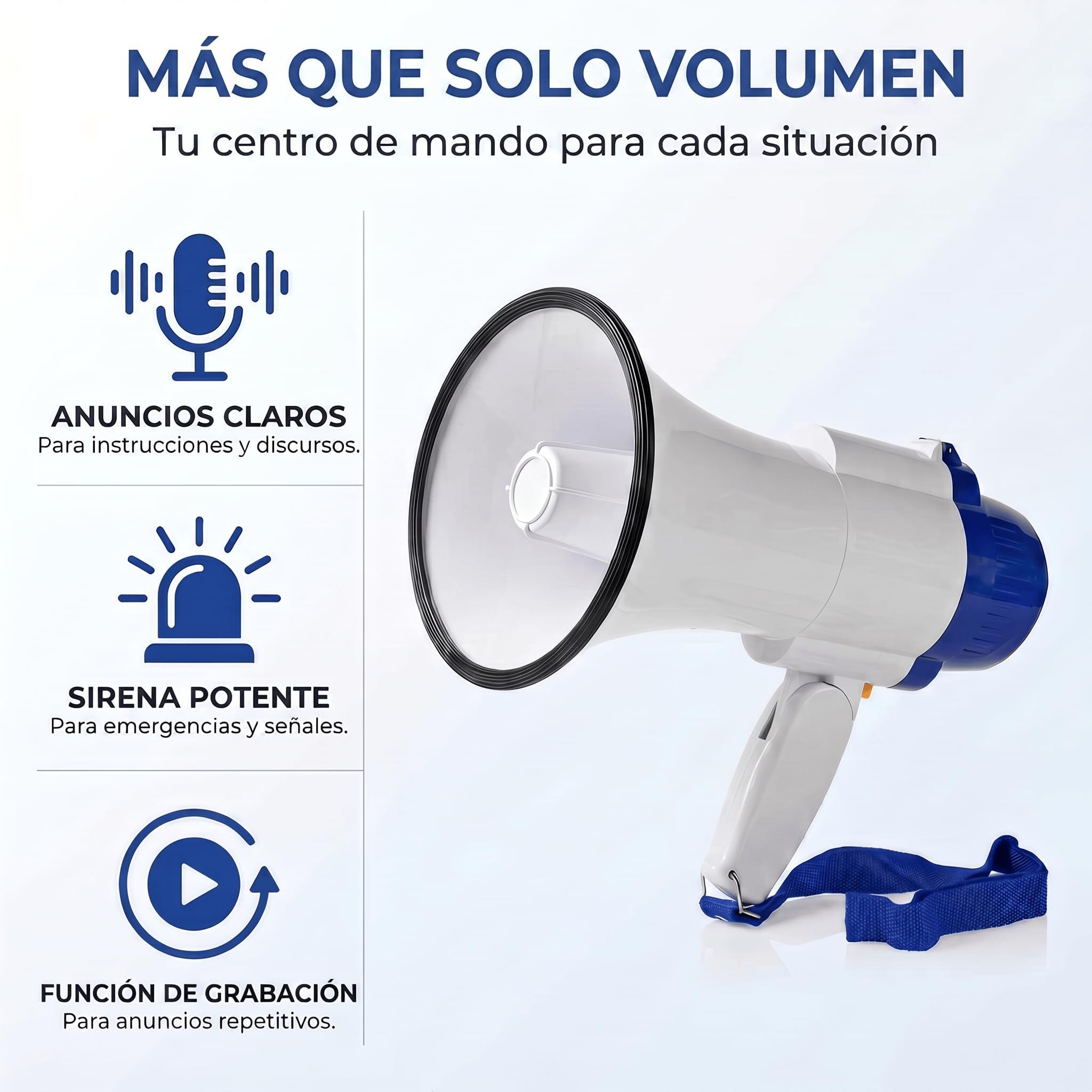 Nedis megáfono 250 m 150 dB blanco azulado con correa y micrófono incorporado sirena grabación