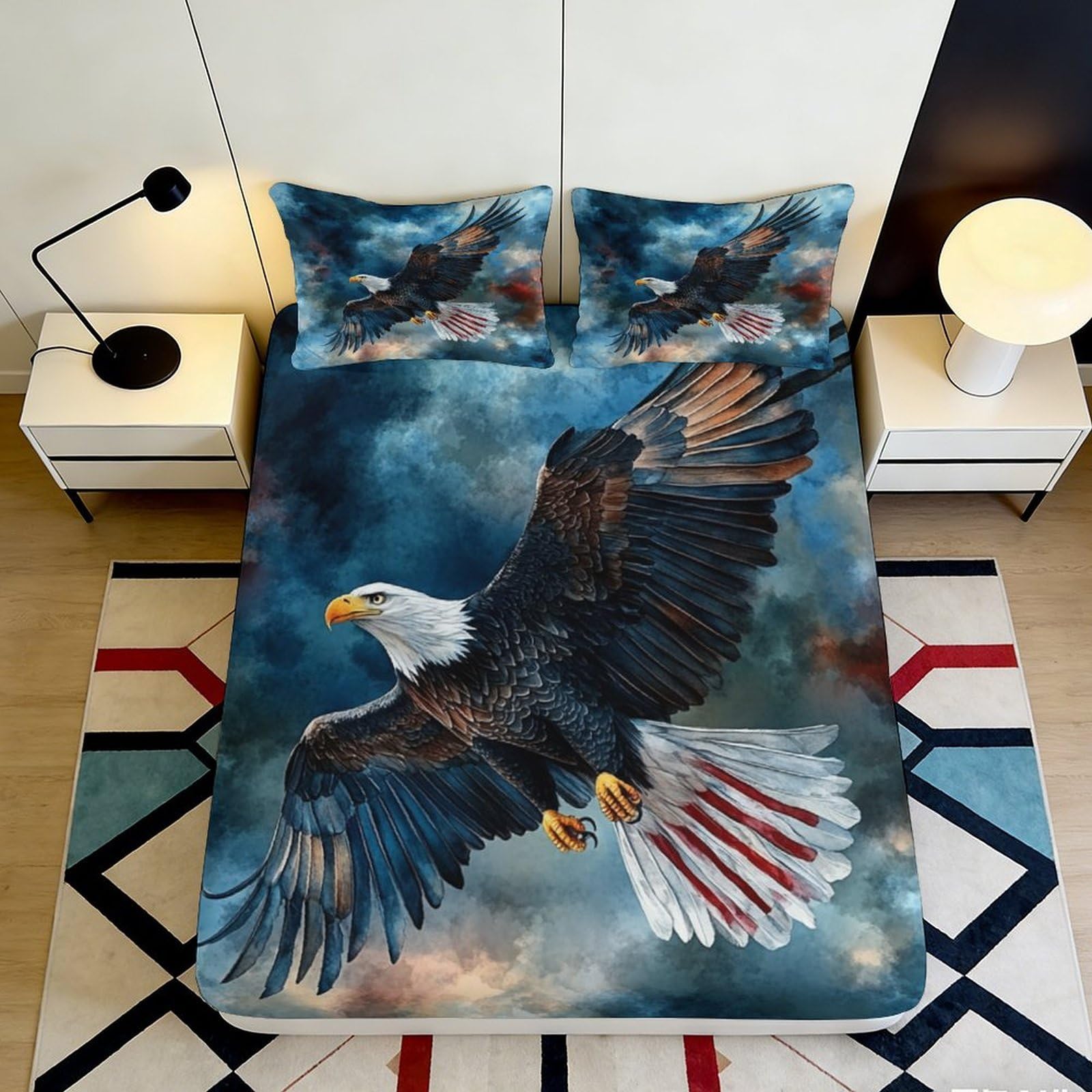 3D Printed Bald Eagle Fitted Sheet Microfiber Soft Breathable Sky Cloud Mattress Cover for Bedroom Guest Room Dorm Decor 200x200x25cm