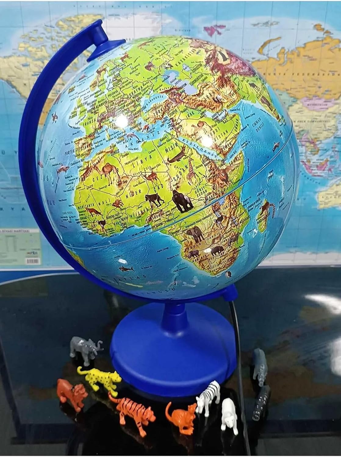 World Globe Physical Animal Without Light 20 Cm Diameter -30 Cm Height - Educational Floor Globe, Blue