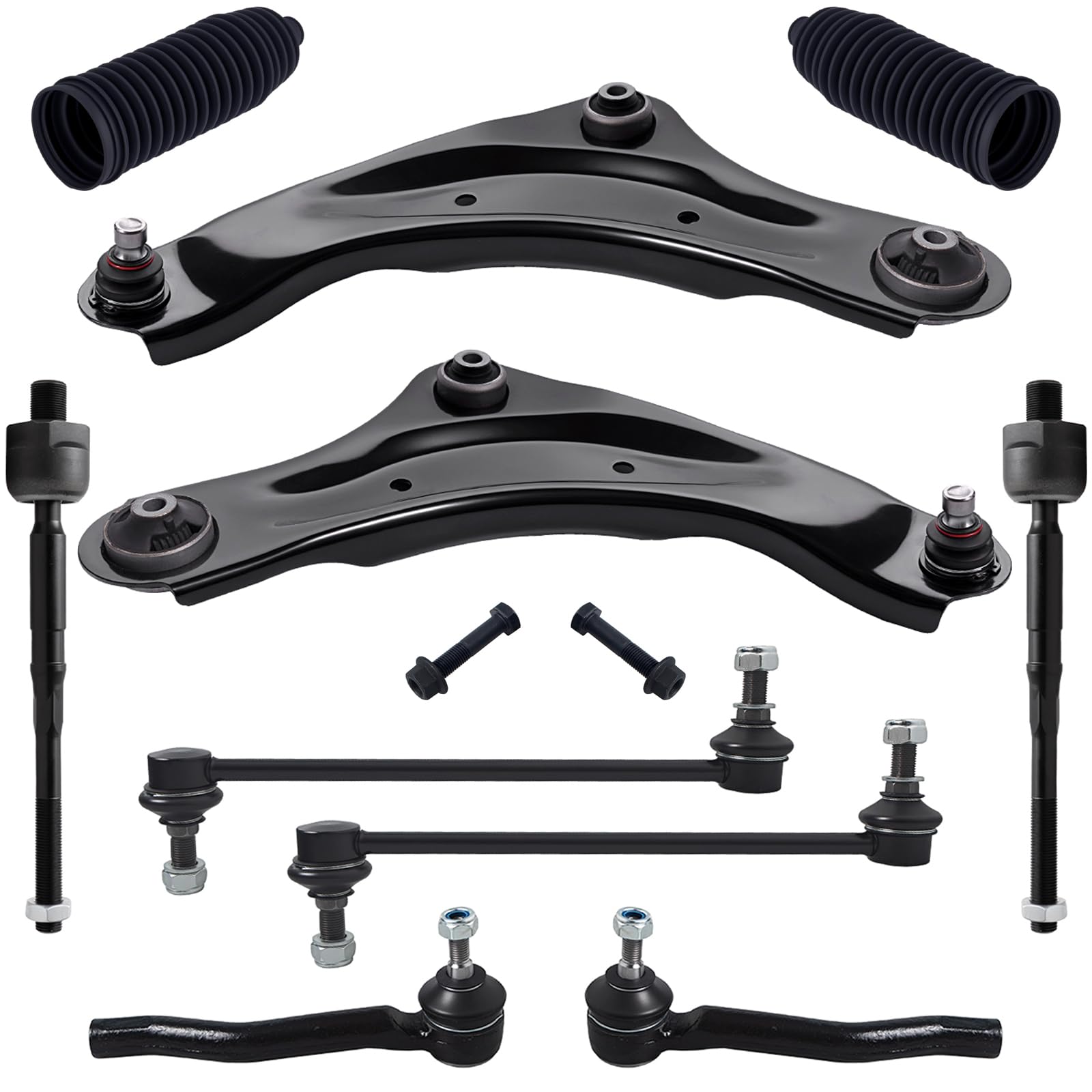 TUCAREST 10Pcs Suspension Kit Fit For 2011-2017 Ni-ssan Juke, 11-13 Leaf, Front Lower Control Arm w/Ball Joint + Outer Inner Tie Rod + Sway Bar Link +