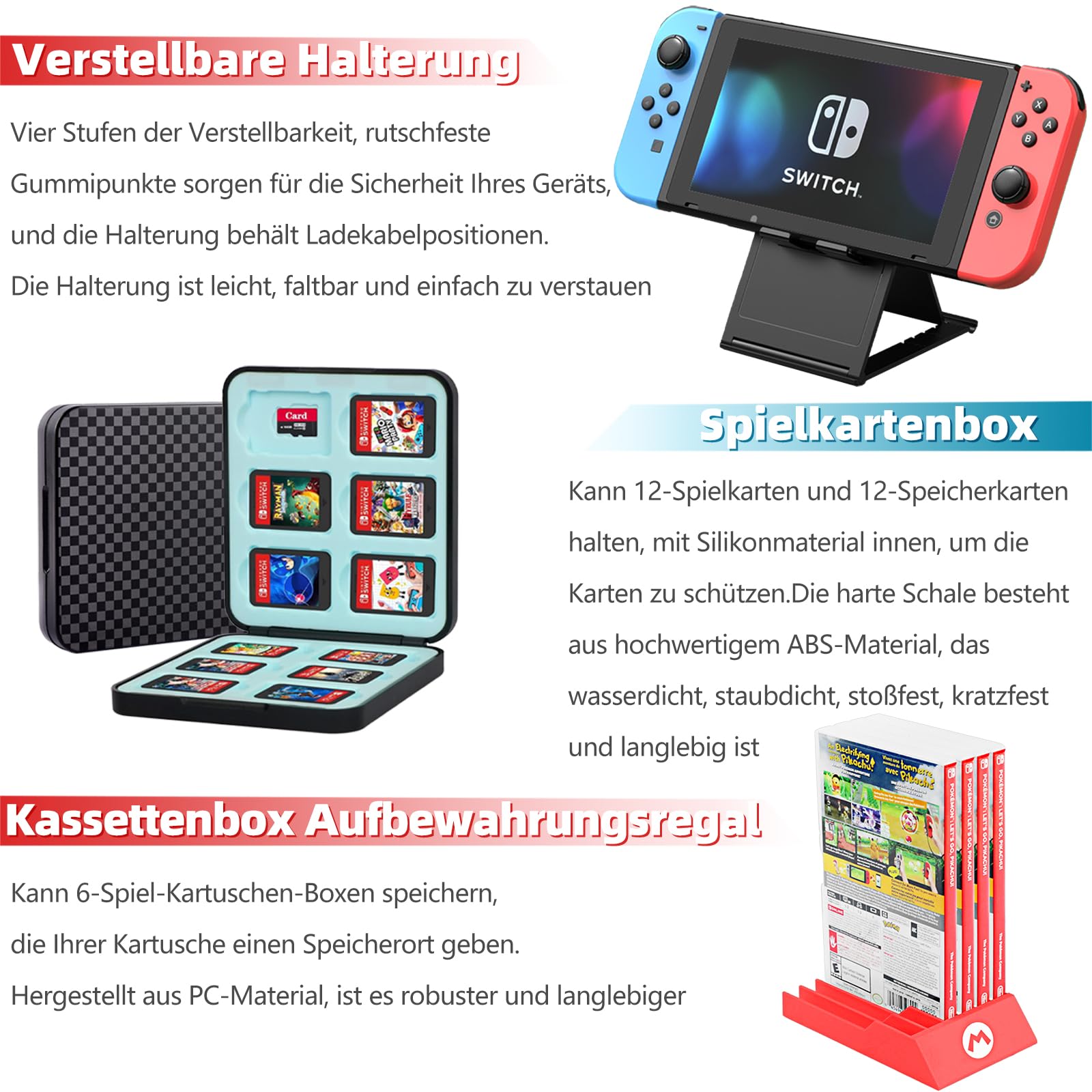 18 in 1 Switch Zubehör Für Nintendo Switch Spiele, Inklusive Gehäuse, Bildschirmschutz, Joycon-Griffe und Räder zur Spielerfahrungsoptimierung.