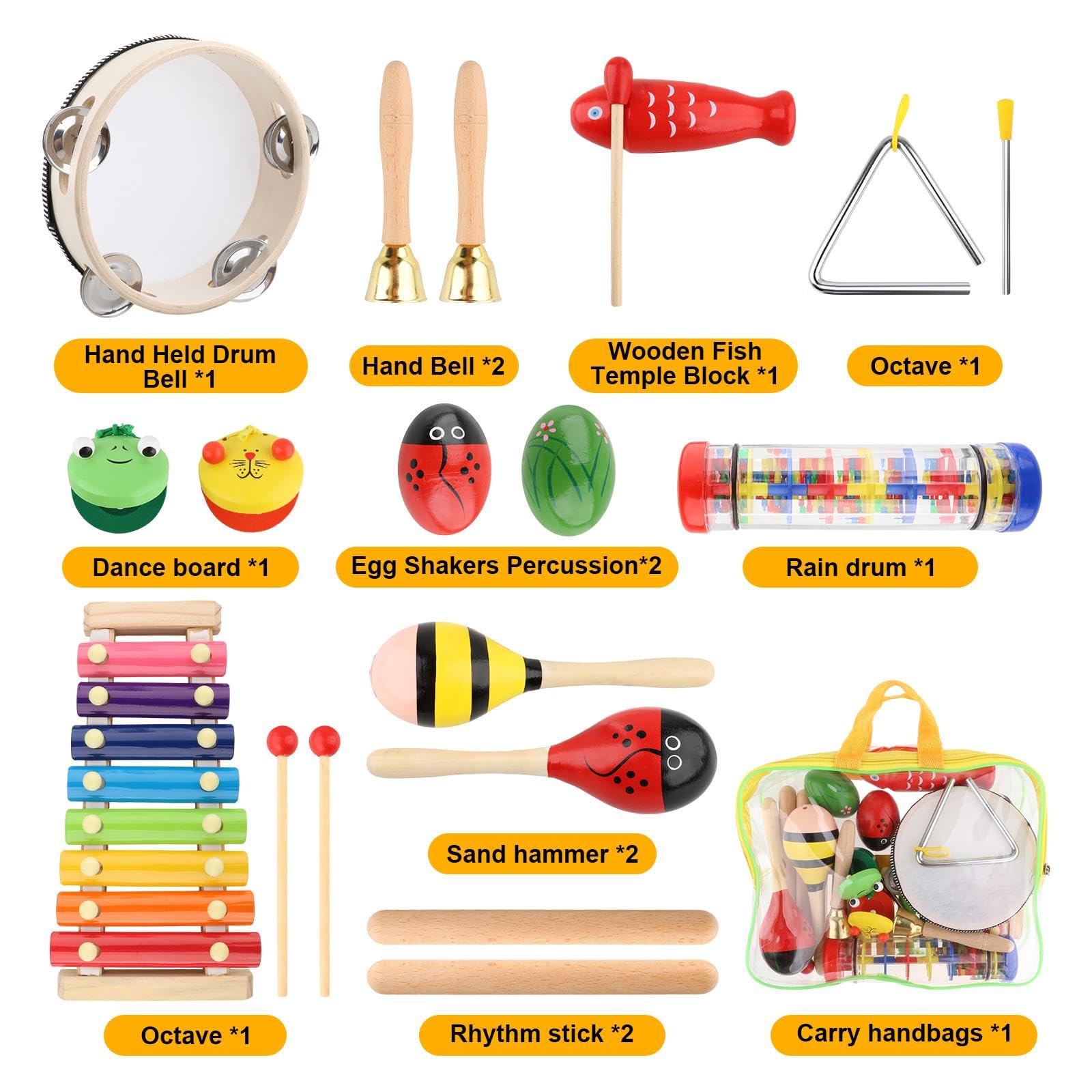 10 Piezas Juguetes Musicales Infantiles Conjunto de Instrumentos de Madera Educativos con Tamborín Xilófono Triángulo y Maracas Favorecen la Audición
