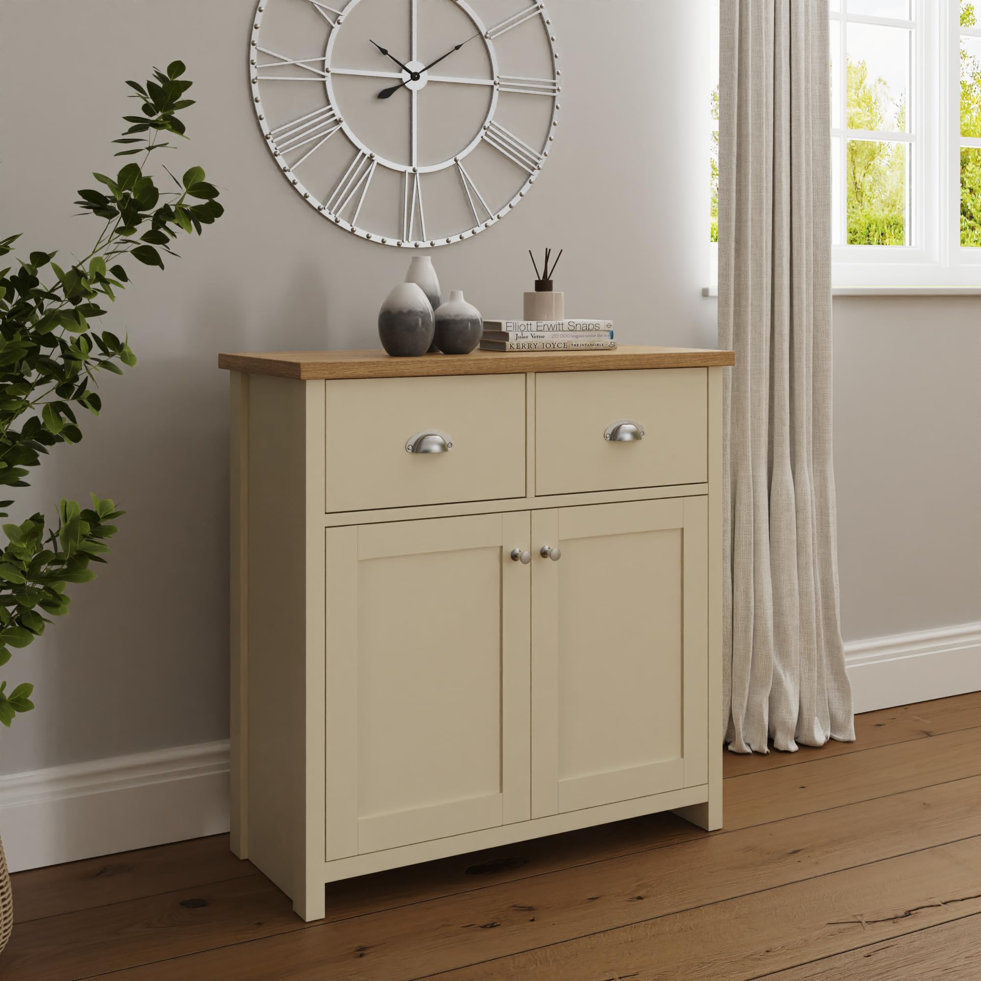 GFW Lancaster Compact Sideboard, Cream and Oak Effect Storage Cabinet with 2 Doors and 2 Drawers, Country Cottage Living Room and Dining Room Furniture