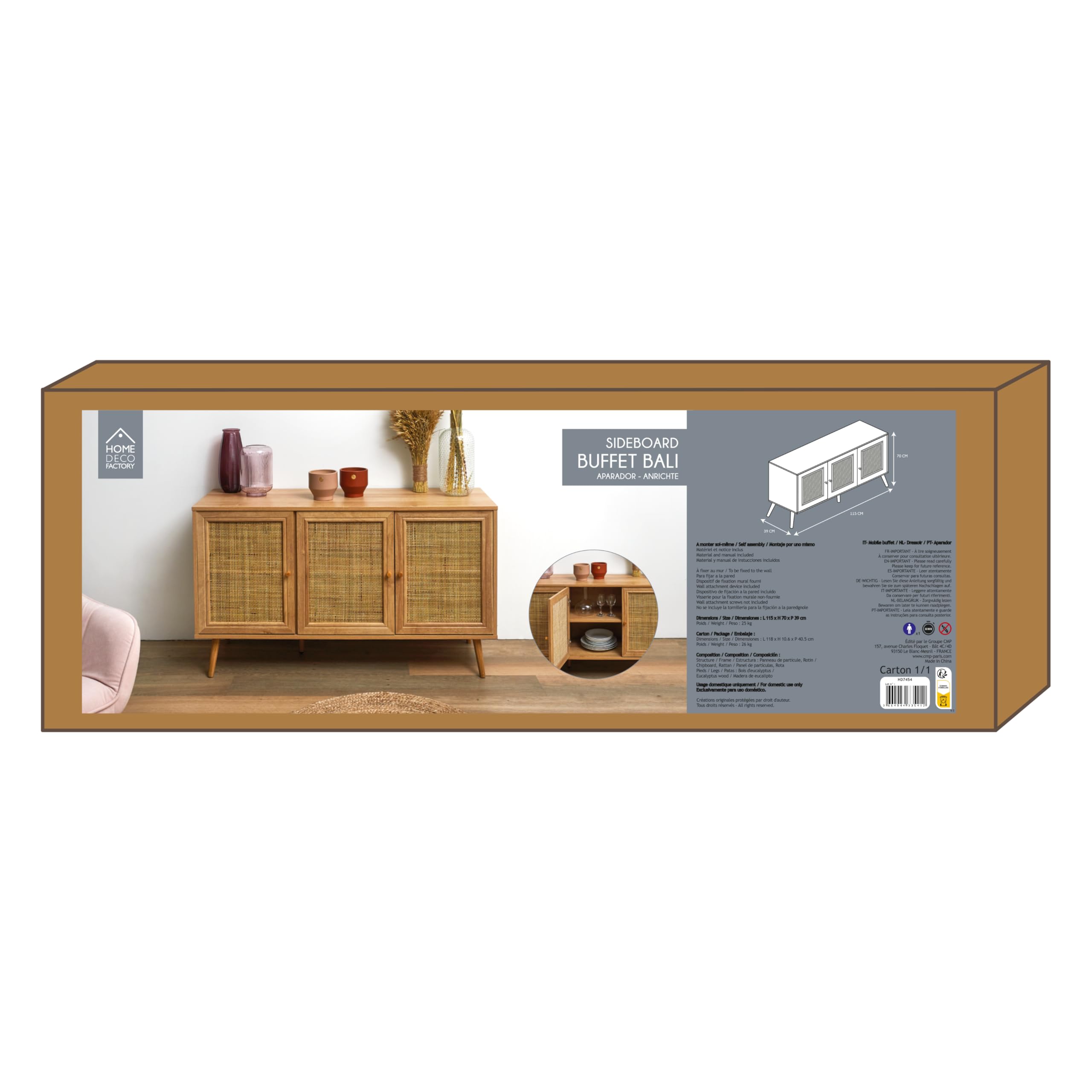 HOME DECO FACTORY - HD7454 Aparador 3 Puertas de Madera - Estilo Bali - Almacenamiento Elegante para Salón o Comedor - para tu Hogar - Acabado Beige Oro Crema | Aparador de madera de 3 puertas estilo Bali - Mueble de almacenamiento resistente para sala de