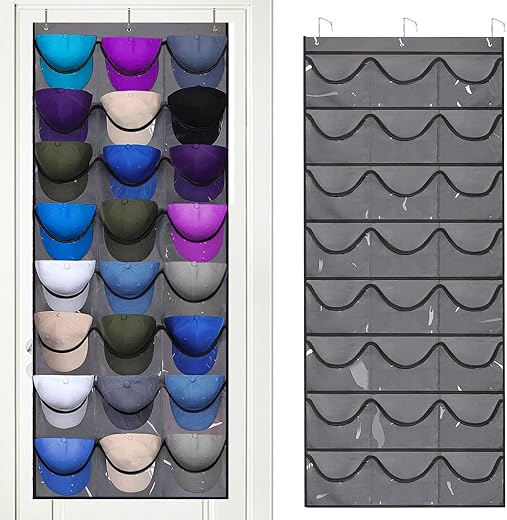 Porta Berretto,Porta Cappelli da Baseball,Portas Cappelli da Armadio con 24 Tasche,Contiene 24 Cappellis,Organizer Cappellis Sulla Portas (Grigio)