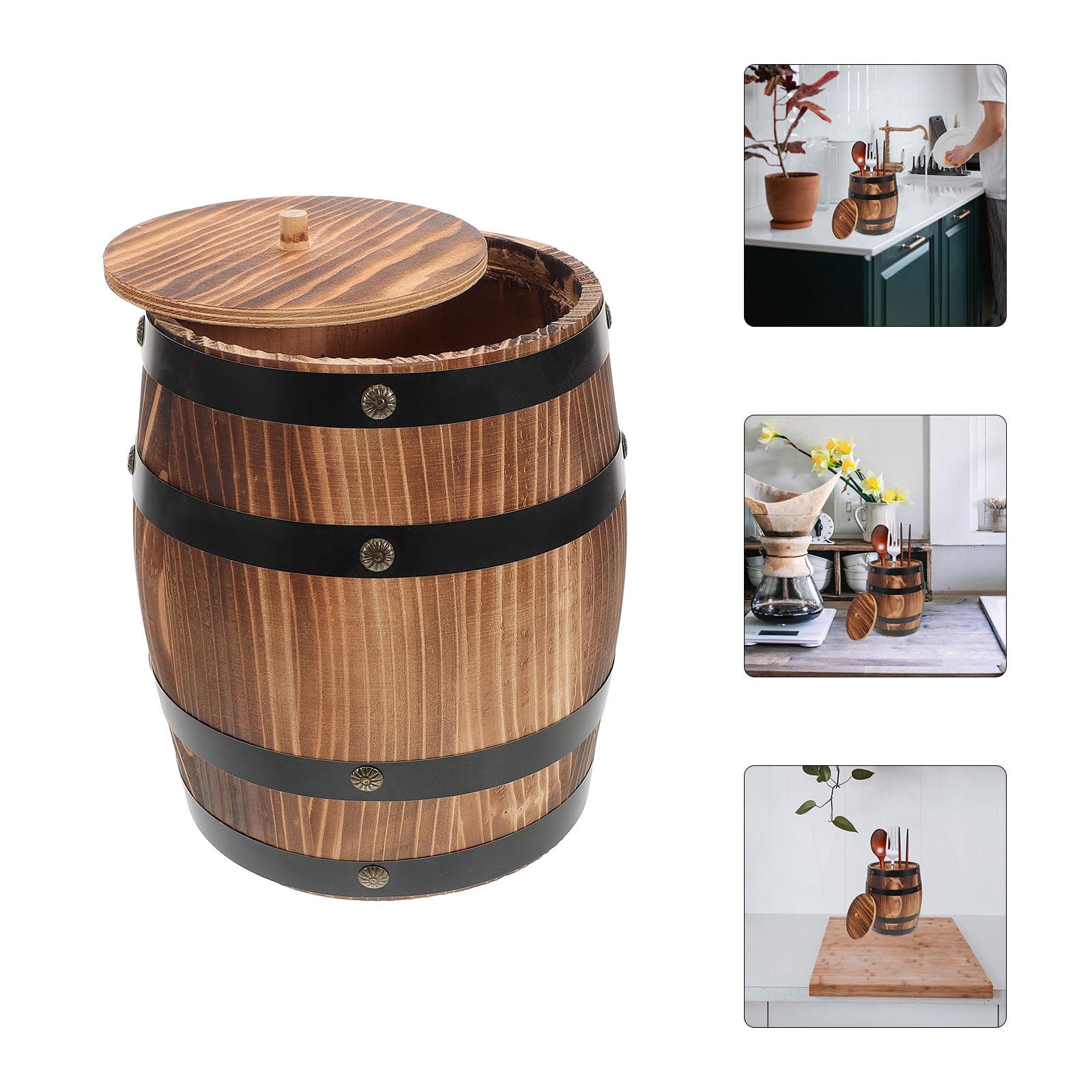 Healvian Porte-ustensiles en Bois Vintage Marron, Seau de Rangement Portable Multifonction pour Baguettes et Outils Cuisine, Maison Restaurant