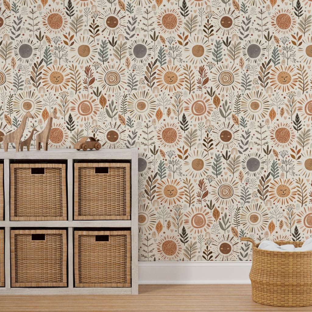 Removable Wallpaper 6ft x 2ft - Boho Winter Sun Neutral Floral Earth Tones Botanical Bohemian Witchy Whimsical Cute Custom Pre-Pasted Wallpaper by Spoonflower