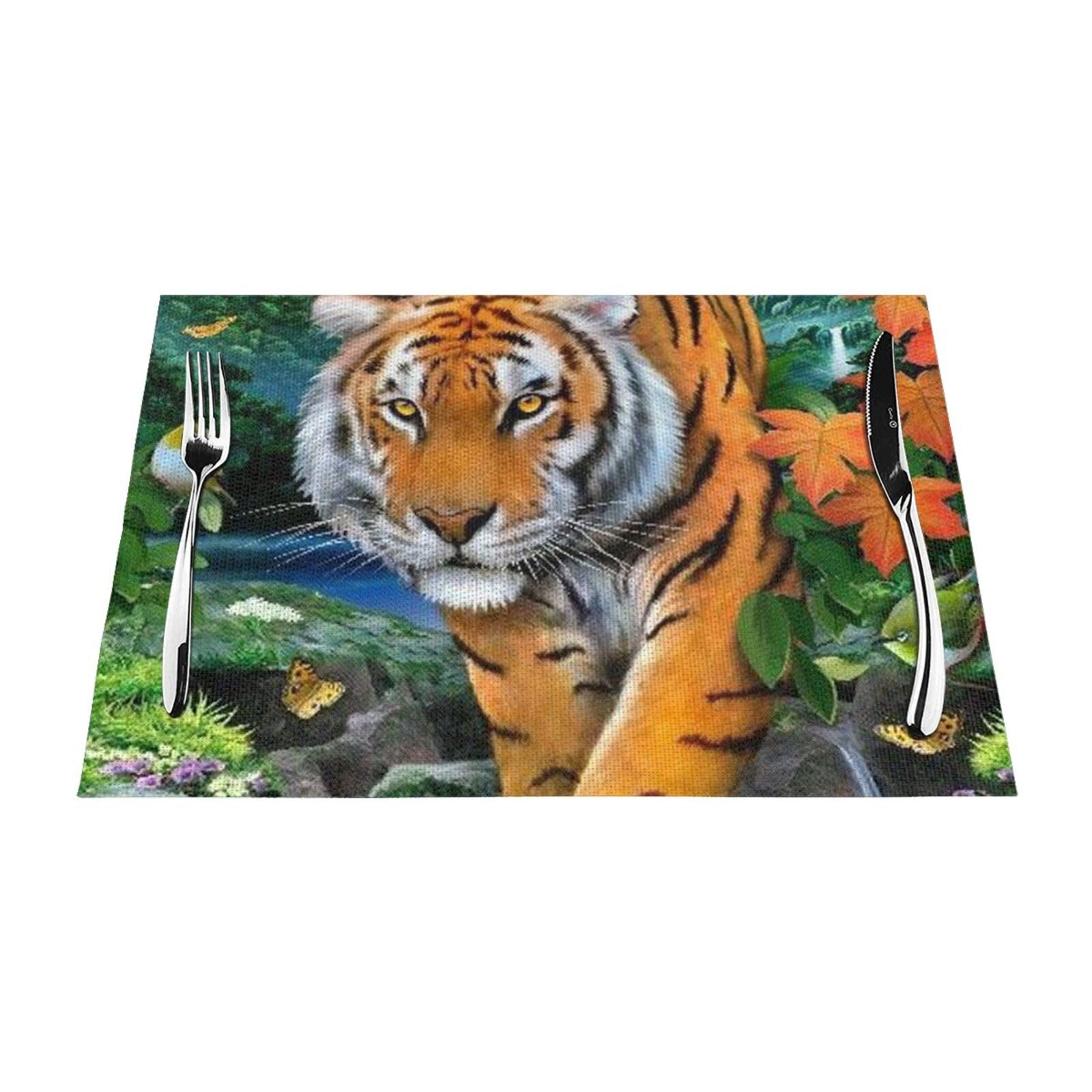 PVC Placemat Set of 4 PCS, 45x30 CM, Tiger Butterfly Bird Printed Non-Slip Heat Resistant Place Mats for Kitchen Dining Table Indoor Outdoor