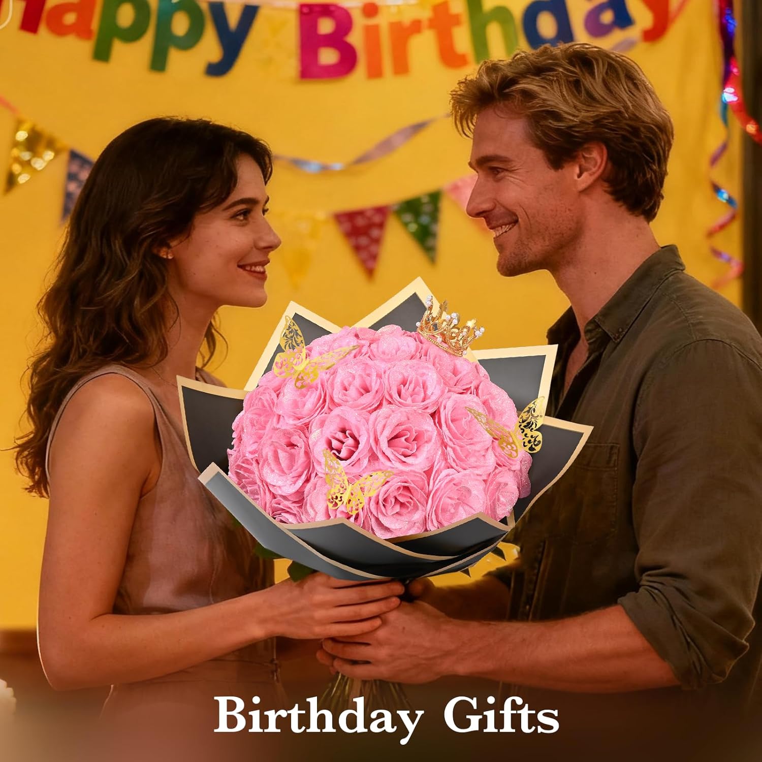 Waipfaru Pink Glitter Roses Bouquet, DIY Fake Flowers Bouquet, Everlasting Shiny Artificial Rose Bouquet for Valentine's Day, Anniversary, Engagement, Wedding, 24 Roses - Image 4