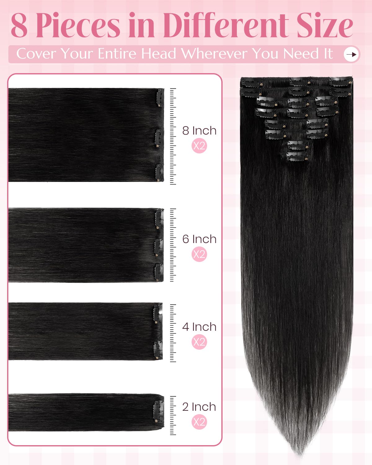 SLEEKALON Hair Extensions Clip in Real Human Hair Remy #1 Jet Black - 16 Inch 65 Gram 8 Pcs Invisible Full Head Weft Straight - Image 3