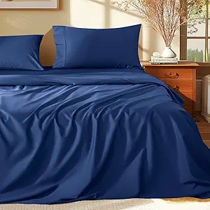 Shilucheng 100% Egyptian Cotton Queen Size Sheets Set - 1000 Thread Count,Luxury Cotton Bed Sheets,Breathable & Cooling Bedding and Pillow Cases, 16 Inch Deep Pocket - 4 Piece (Navy Blue, Queen)