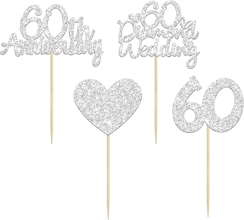 Miniatura 3 de Gyufise 24 adornos para magdalenas de 60 aniversario de boda, purpurina plateada con diamantes 60 para decoración de pastel de boda, aniversario,