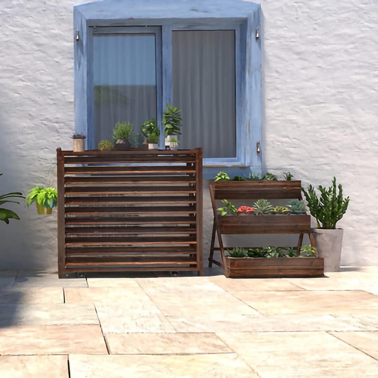 Air Conditioner Cover,Wooden air Conditioner Cover Rustic Air Conditioner Cover Wooden Plant Stand, Outdoor Air Conditioning Rack Frame Radiator Cover, with Blinds Grid Design