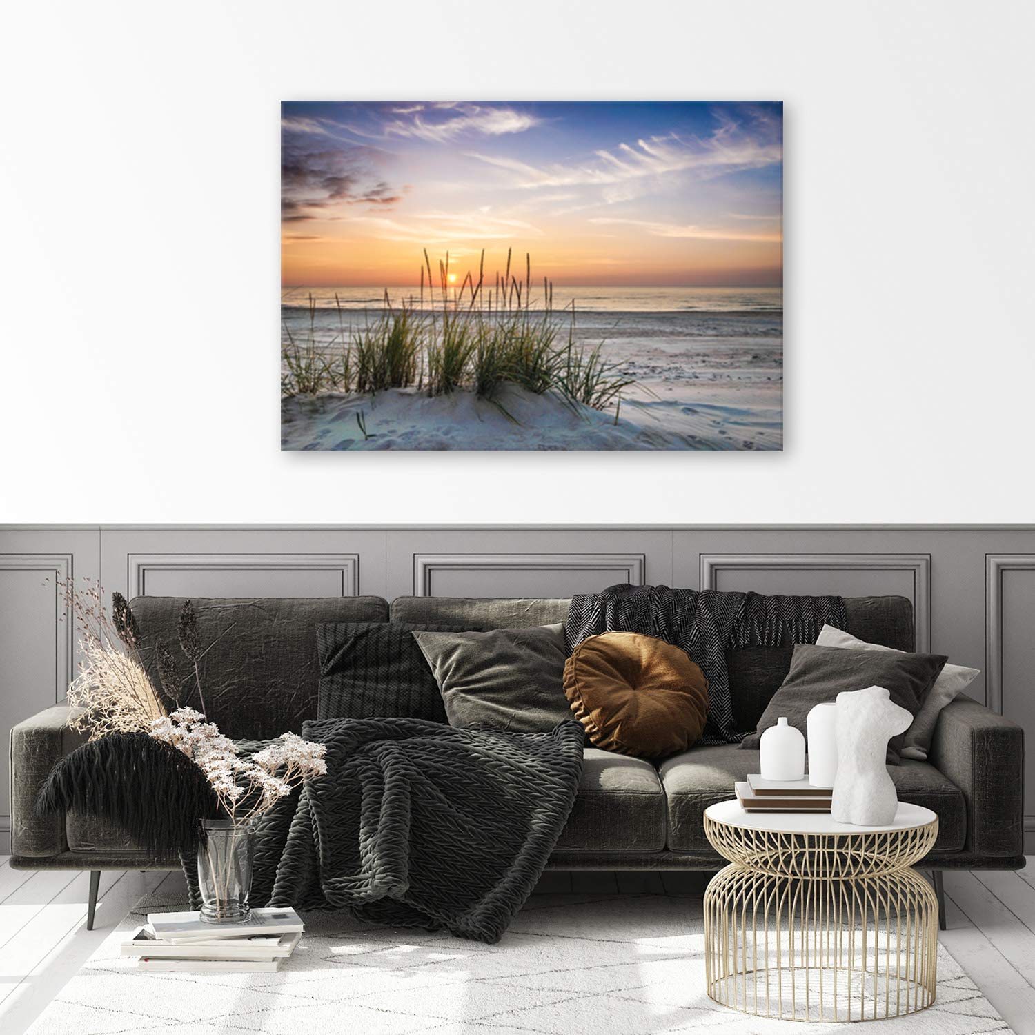 Feeby Bilder Meer Grass Strand Sonnenuntergang XXL 120x80 cm 1Teilig Wohnzimmer Schlafzimmer Wandbilder Leinwandbilder Bild auf Leinwand Kunstdruck Wanddeko Nordsee Landschaft Wasser Orange