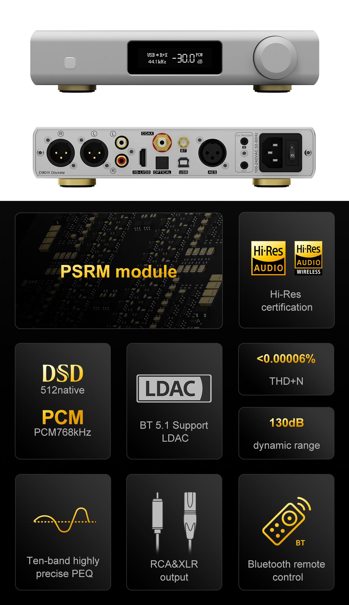 TOPPING D90 III Discrete Vollständig ausgeglichener HiFi-DAC - BT 5.1-Unterstützung LDAC PEQ-Einstellung Desktop-Audio-Vorverstärker mit Bluetooth-Fernbedienung (Silber)