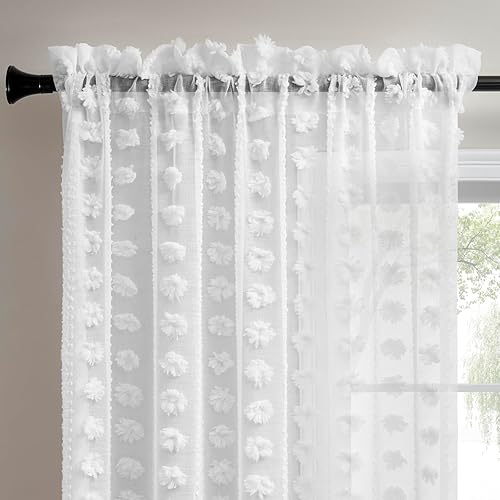 MINTROOM Cortinas traslúcidas bohemias blancas de 84 pulgadas de largo, cortinas semitransparentes para habitación de niñas y niños, bonitas