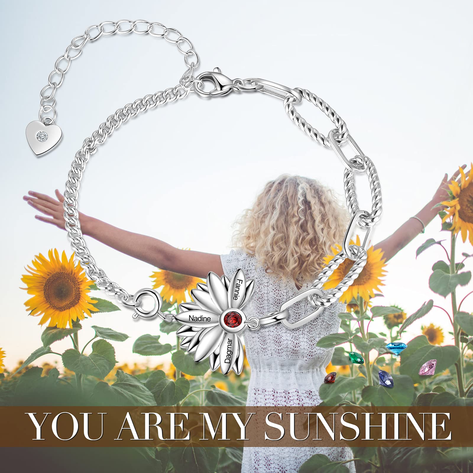 Pulsera personalizada para mujer, pulsera de plata 925 personalizada con piedra natal, dije de girasol ajustable, grabado de 1 a 5 nombres, joyería de Navidad, regalos para mamá, novia