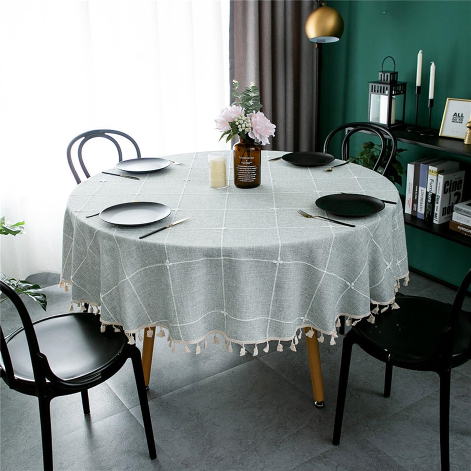 KnSam Mantel redondo de rejilla jacquard con borla, mantel de poliéster y algodón, mantel de terraza, antimanchas, para interior, exterior, jardín, comedor, 260 cm, azul y gris