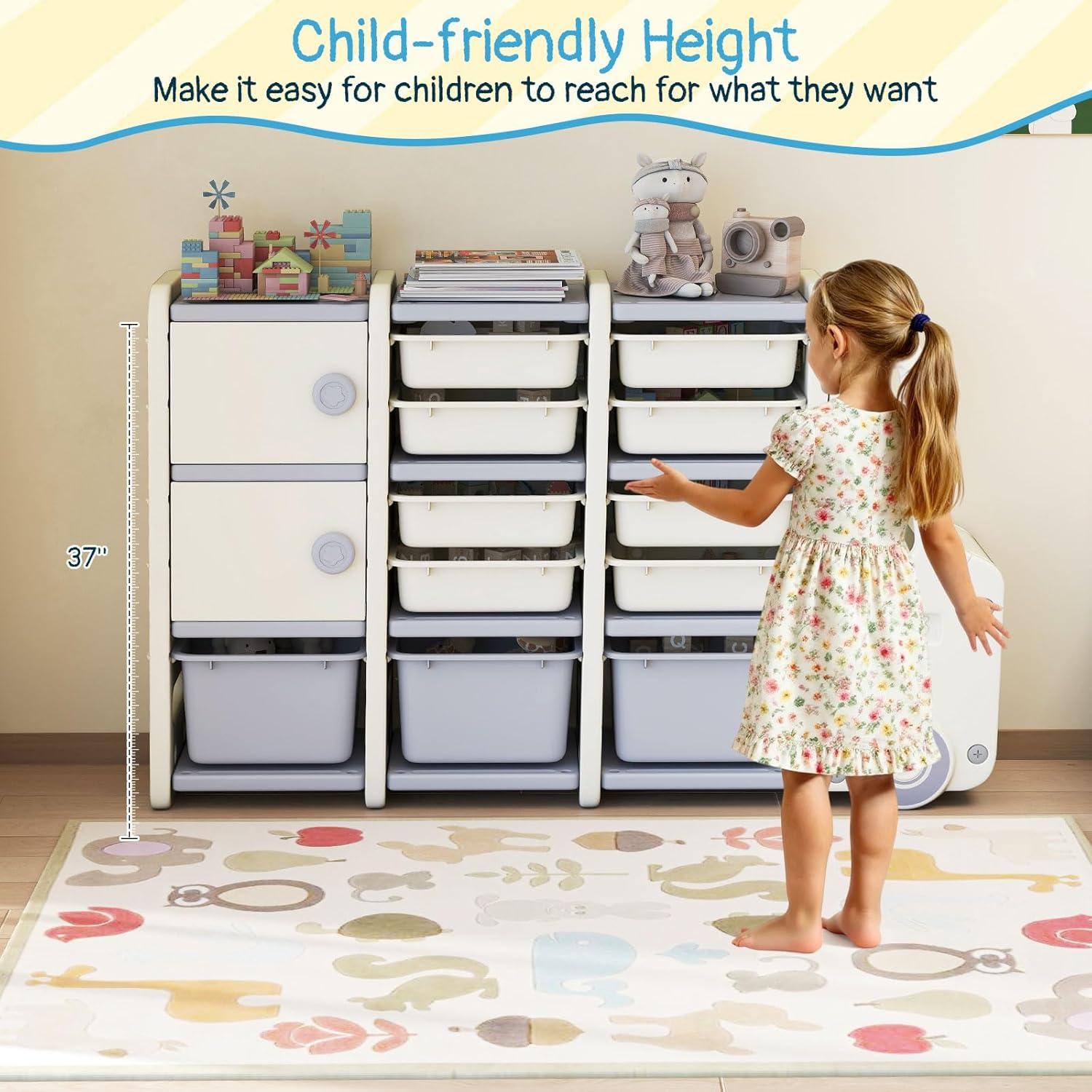 HONEY JOY Kids Toy Storage Organizer, Truck-Shaped Toy Chest w/2 Cabinets & 11 Removable Bins, Multipurpose Children Bookshelf w/Top Display Shelf & Hollow Front End for Playroom, Bedroom, Nursery