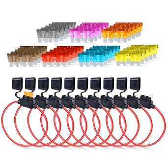 Pack of 10 Inline Fuse Holder 16AWG 1FT Heavy Duty Automotive Blade Fuse Holder 2A/3A/5A/7.5A/10A/15A/20A Ideal for Car, Marine, Solar, and RV Applications 70 Fuses in Set