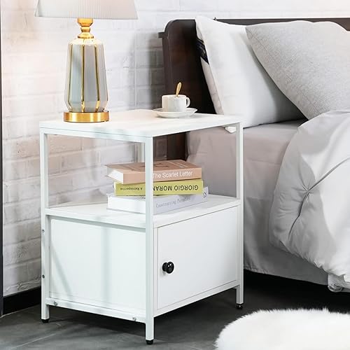 Nightstand with Drawer and Open Shelves, Side Table with Large Inventory Spaces, Modern End Table for Bedroom, Living Room, White