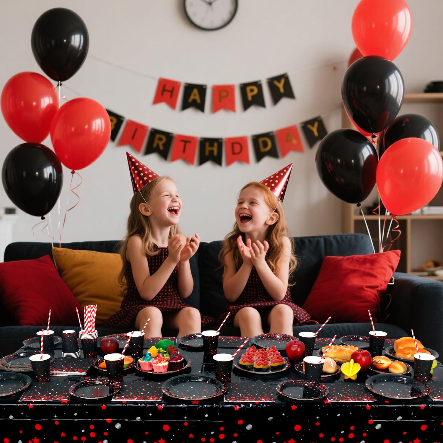 Decorazione per feste rosso e nero - Stoviglie di compleanno rosso e nero con piatti, bicchieri, tovaglioli, tovaglie, cannucce - per 20 persone