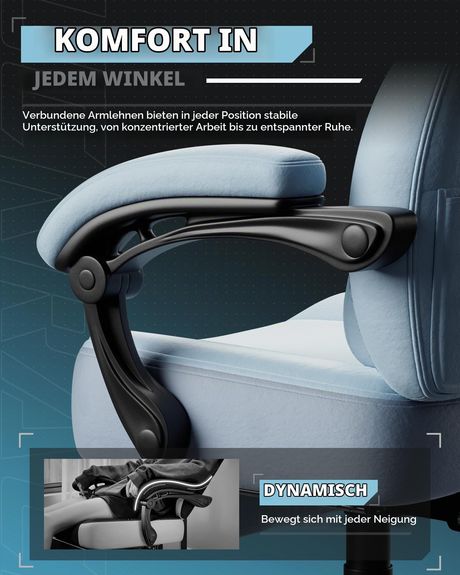 LUCKRACER Gaming Stuhl Stoff, Bürostuhl mit verbundenen Armlehnen, Memory-Schaum-Kissen, 90–155° Neigungswinkel und Fußstütze, strapazierfähigem Funktionsgewebe, blau
