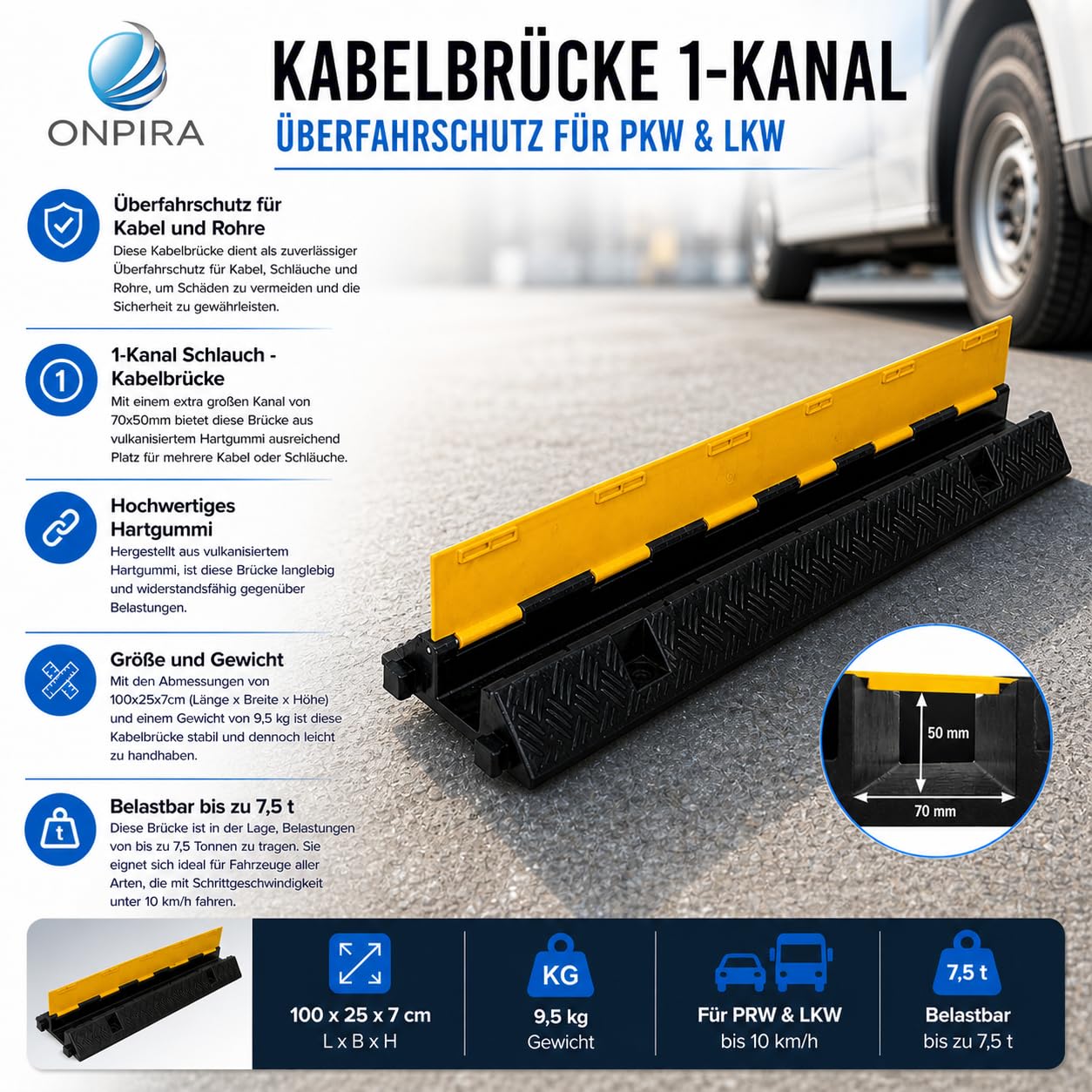1-Kanal Kabelbrücke/Schlauchbrücke – Extra großer Kanal 70x50 mm, Überfahrschutz, Kabelkanal-Rampe für Pkw & LKW, Protector, Schutzbrücke für Kabel und Schläuche