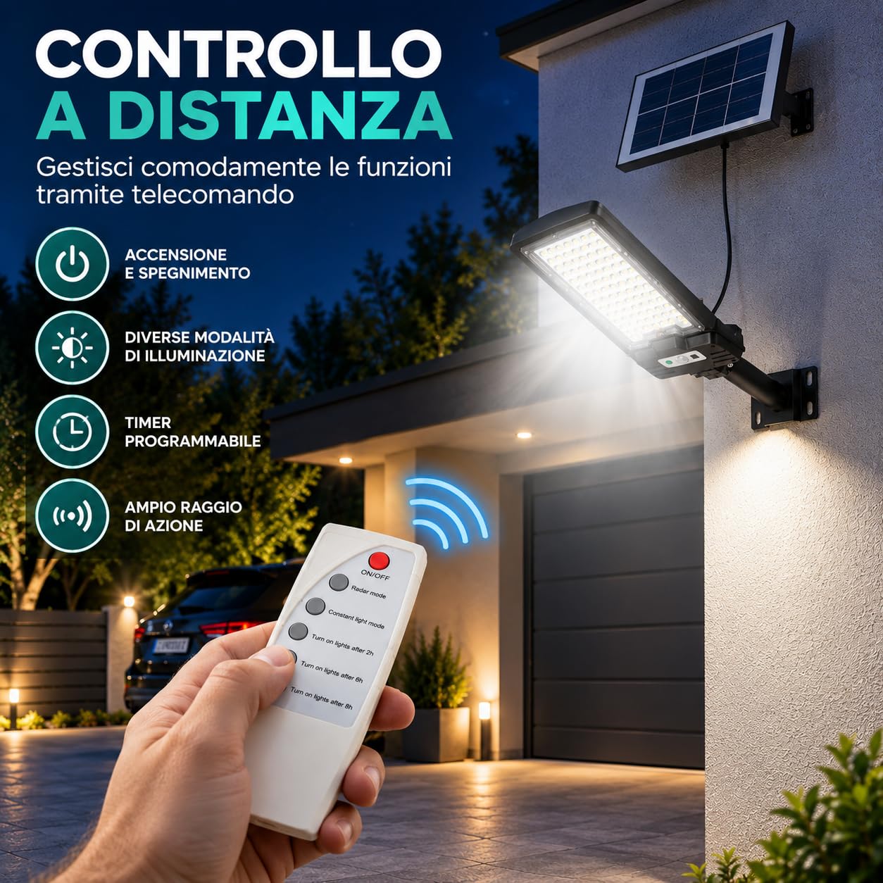 Lampione Solare LED Esterno 2000W con Pannello Solare Separato, Faro Solare da Esterno IP67 con Telecomando e Sensore Crepuscolare, Staffa per Parete, Luce per Giardino Cortile Garage