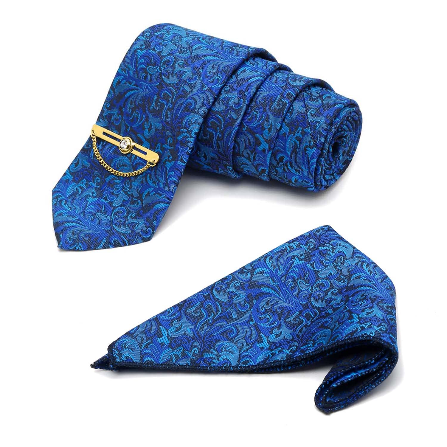 mutaqinoti Mens Blue Woven Premium Silk Necktie Set Incl Pocket Square Golden Tiepin British Style Formal Tie Gift Set for Men (TEBU04-GPC)-picture-19