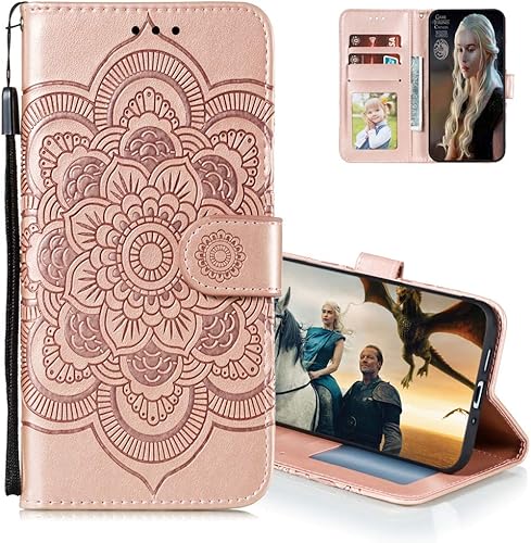 MEIKONST Funda para Xiaomi Mi CC9, rosa oro en relieve Mandala PU Funda de cuero con tapa incorporada Soporte de tarjeta de soporte magnético Cierre