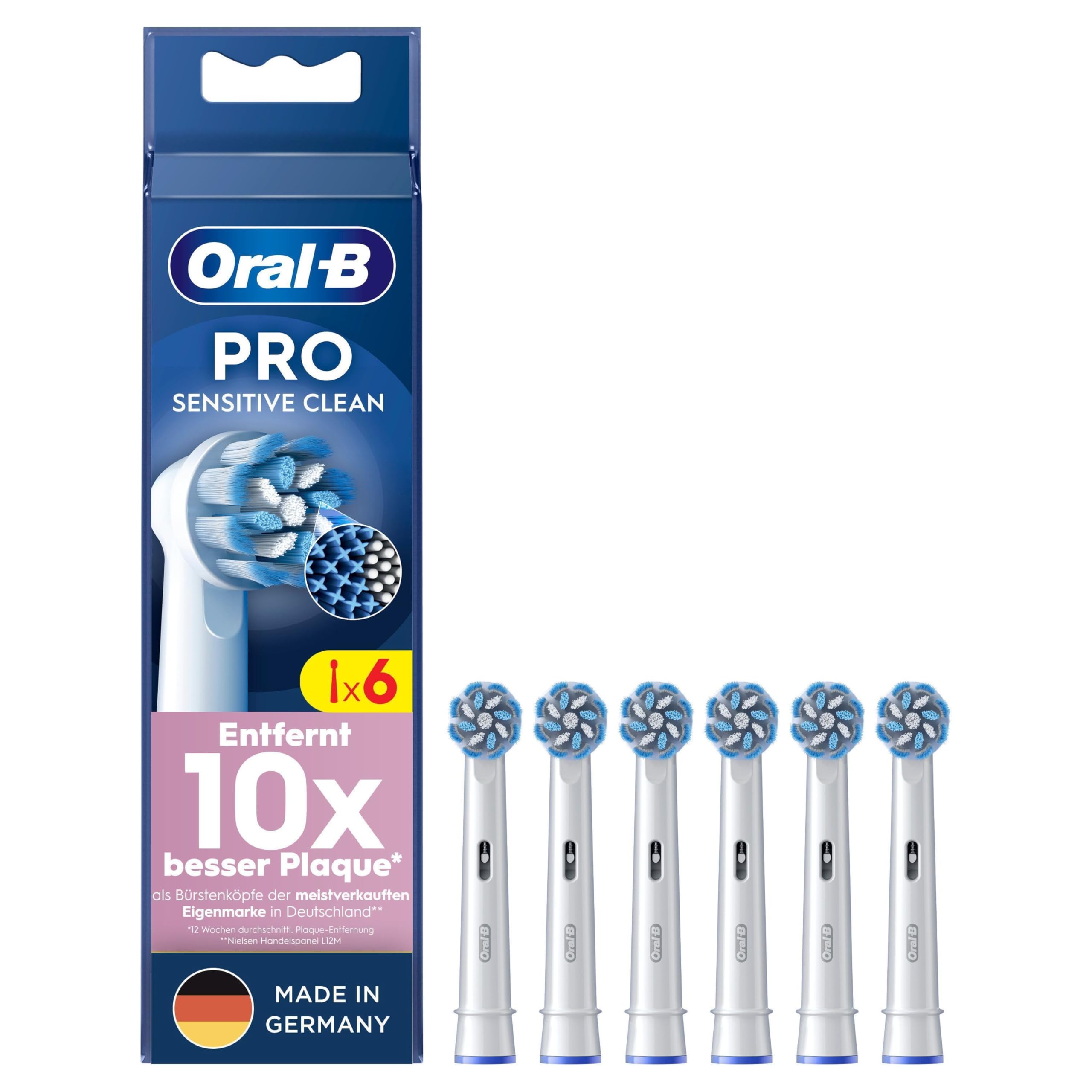 Oral-B Pro Sensitive Clean – ORIGINAL Aufsteckbürsten für Elektrische Zahnbürste – Sanfte Zahnreinigung, Ersatzbürsten mit X-Förmige Borsten, Zahnbürstenaufsatz, Made in Germany – Weiß, 6 Stück