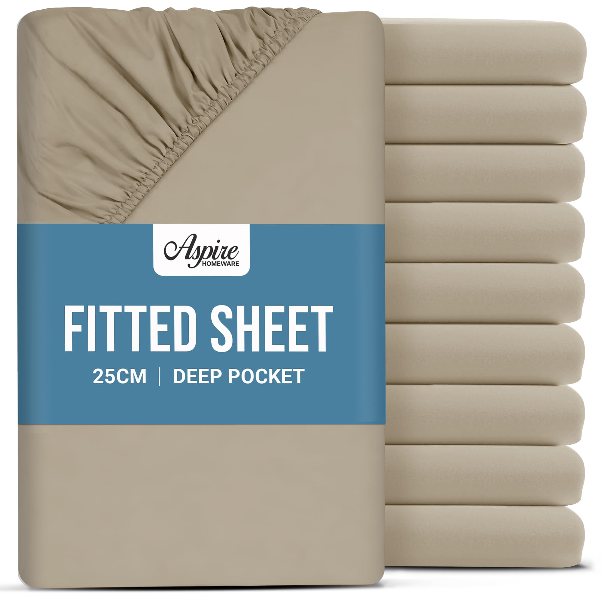 Aspire Homeware Double Fitted Sheet 10 Pack - 25 cm Deep Hotel Quality (Beige) Bed Sheets - Soft & Breathable Fitted Bed Sheets Double - Anti-Wrinkle Easy Care Bottom Sheets