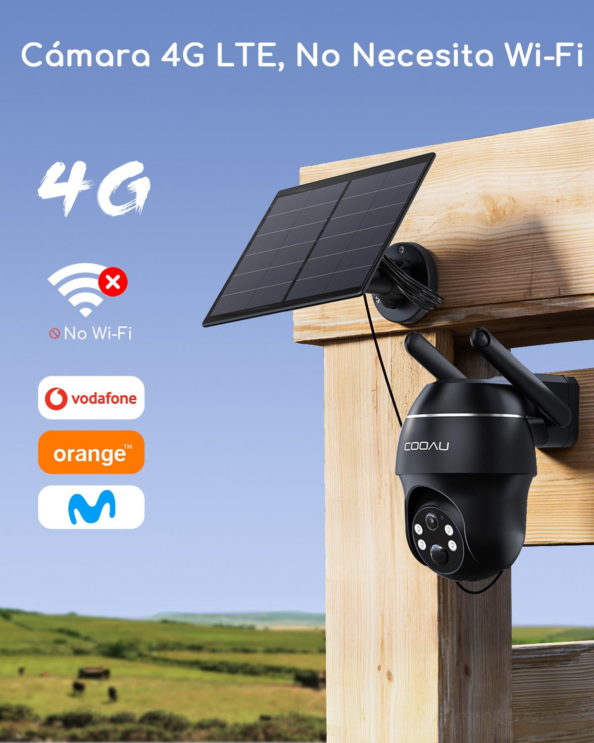 COOAU 4G LTE Cámara Vigilancia Exterior con Sim,2K 3MP QHD Camara 4G Solar sin Cable con Batería,PTZ 355°/90°,Visión Nocturna,PIR Detección de Movimiento,Audio de Dos Vías,Tarjeta SIM