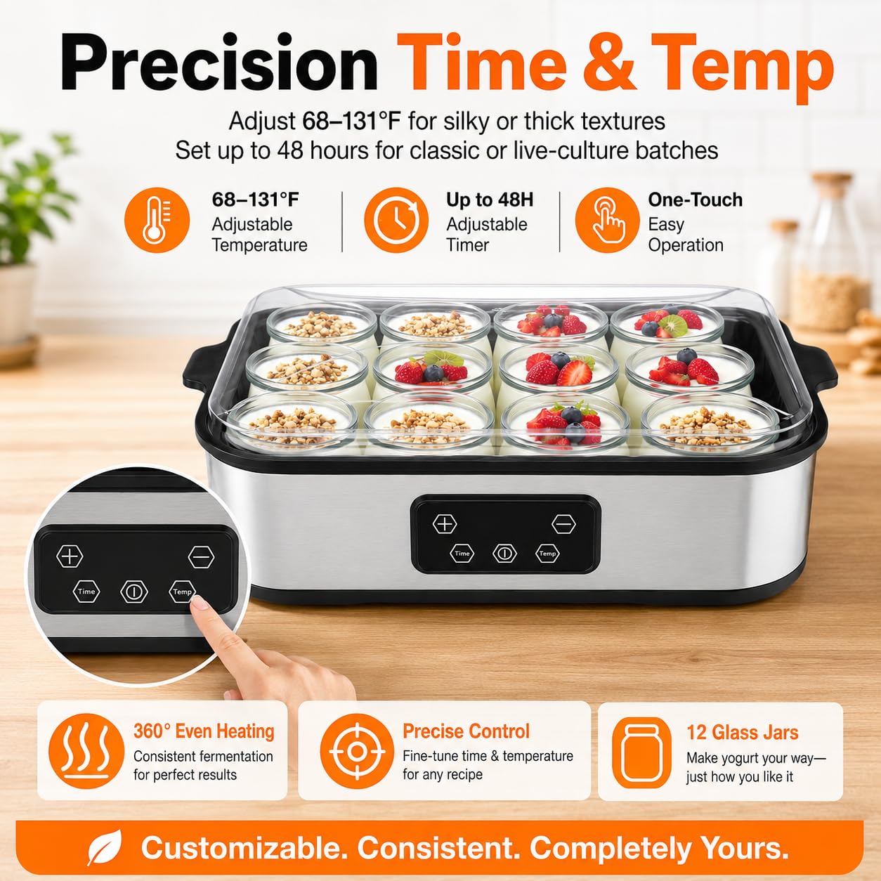 Yogurtera automática con 12 tarros - Máquina eléctrica para Hacer Yogur de 2160 ml, Control de Tiempo y Temperatura Ajustable de 48 Horas, para Postre de Yogur casero Fresco
