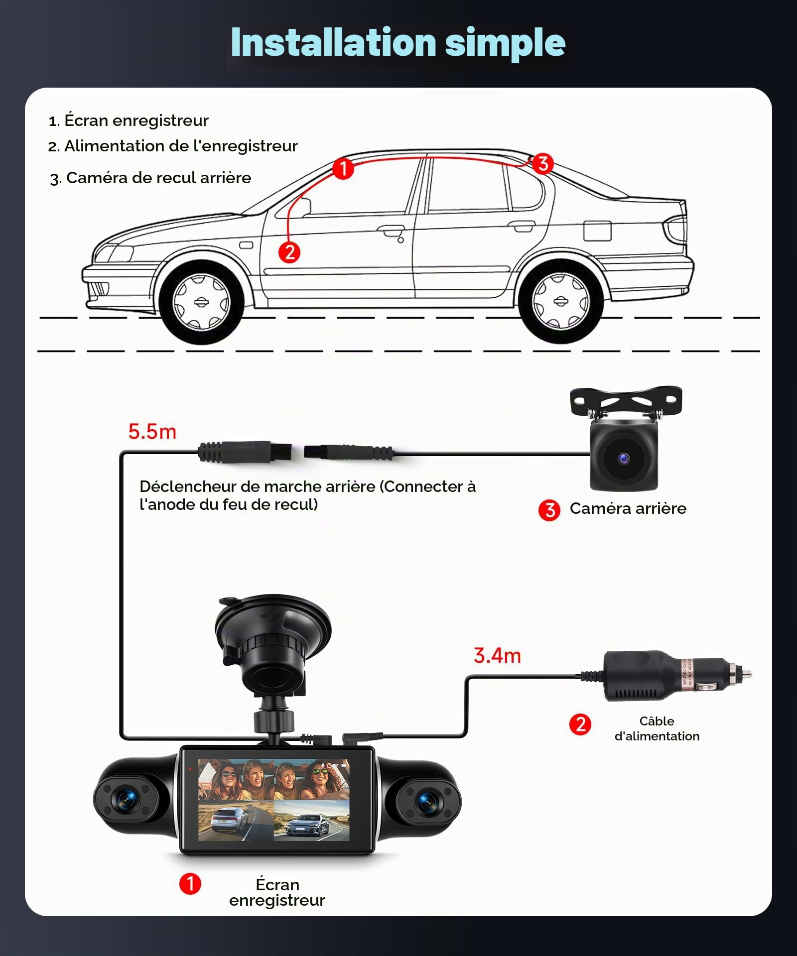 VECHTEL 2K Wi-FI Dashcam Auto avec Écran IPS de 3 Pouces Dash Cam Auto avec Vision Nocturne, SD 64GB Inclus, G-Sensor, 24H Mode Parking, Enregistrement en Boucle, Assistant de Recul