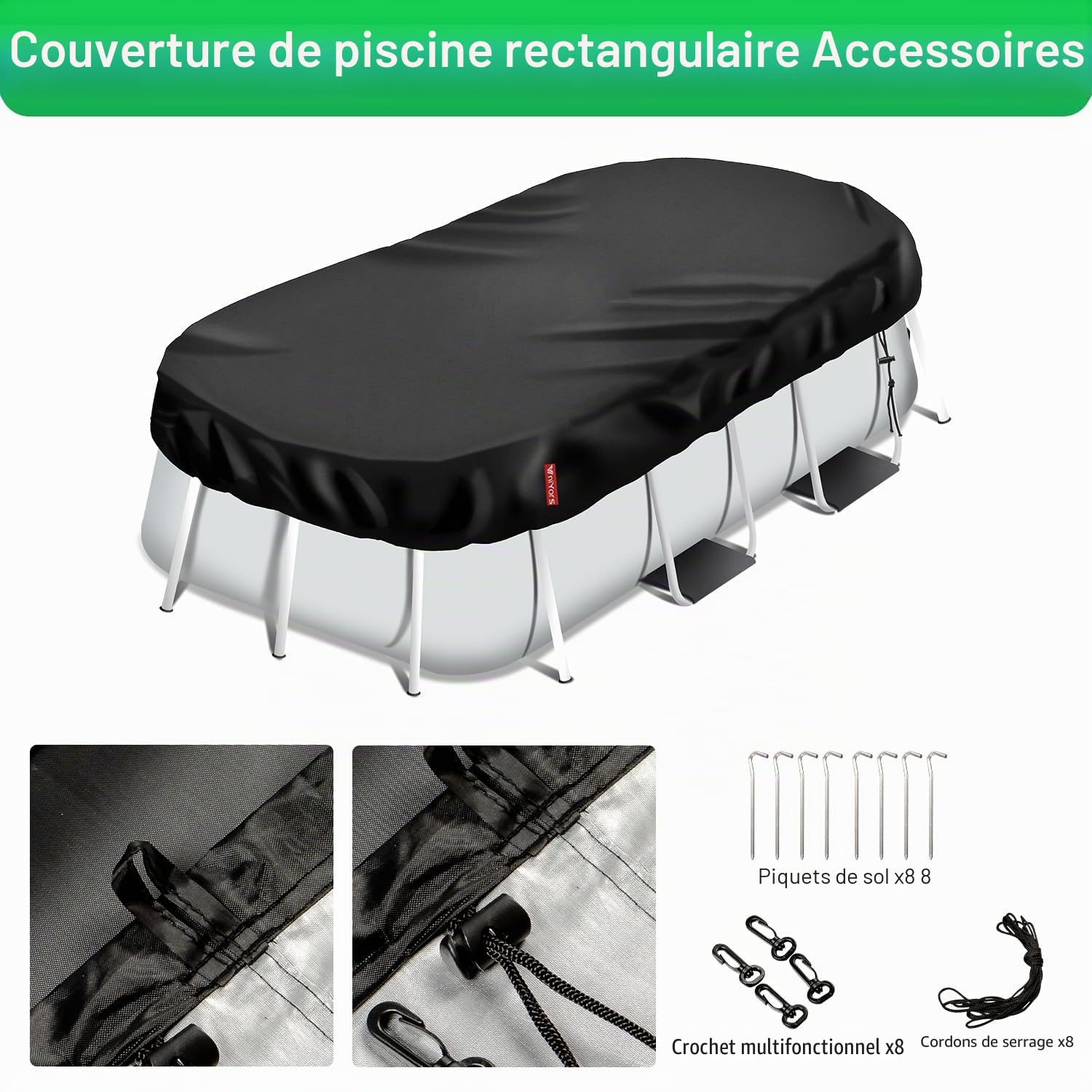 Bâche de piscine rectangulaire 550 x 275 cm, en polyuréthane 420D, épaisse, rectangulaire, avec cordon de serrage et clous de sol, coupe-vent et indéchirable