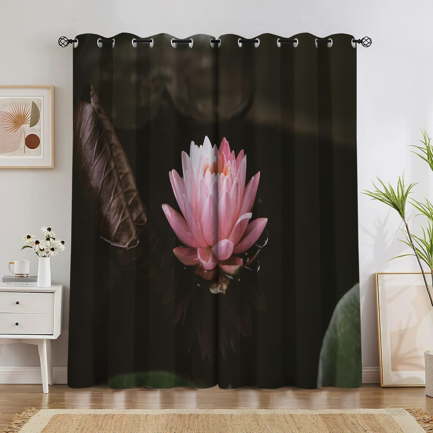Rideau occultant thermiques 140x260cm lot de 2 à oeillets imprimé néuphar pour salon et chambre