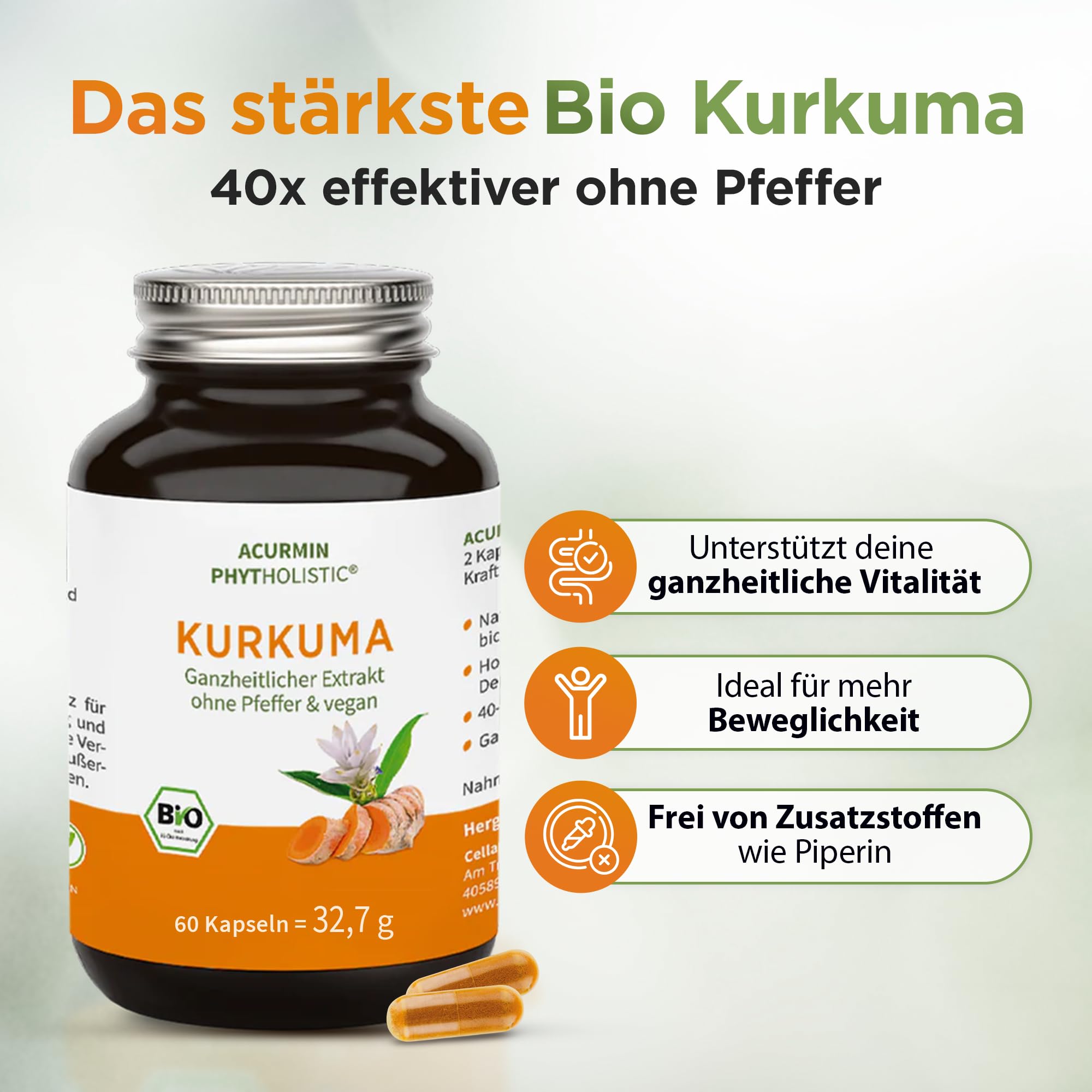 Stärkste Bio Kurkuma Kapseln - 40x effektiver - 15.000mg Kurkuma Pulver/Tag - ohne Pfeffer - höchster Curcumin Gehalt - Curcuma Kapseln hochdosiert, vegan & hochbekömmlich - Acurmin Phytholistic