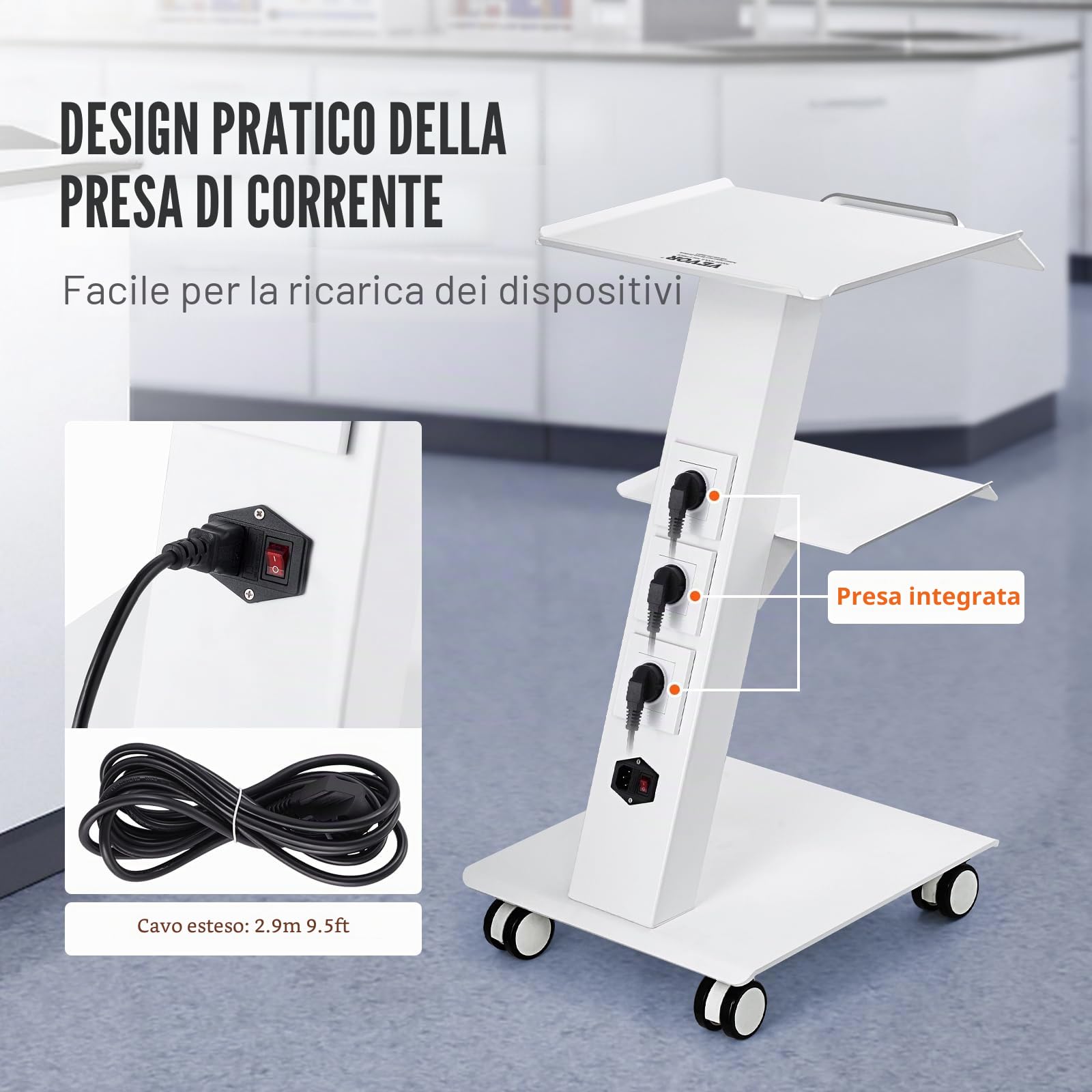 VEVOR Carrello da laboratorio 3 strati con presa integrata ruote girevoli portata 100 kg